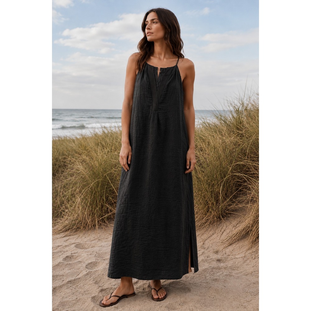 J.Crew 100% Linen Maxi Dress Women Sz M Black Minimalist Coastal Vacation